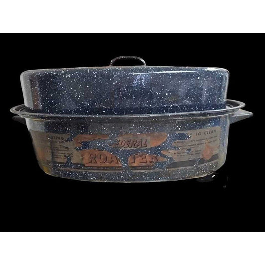 Black Graniteware Oval Roaster Roasting Pan w Lid Kitchen Tool Vintage Federal Roaster USA
