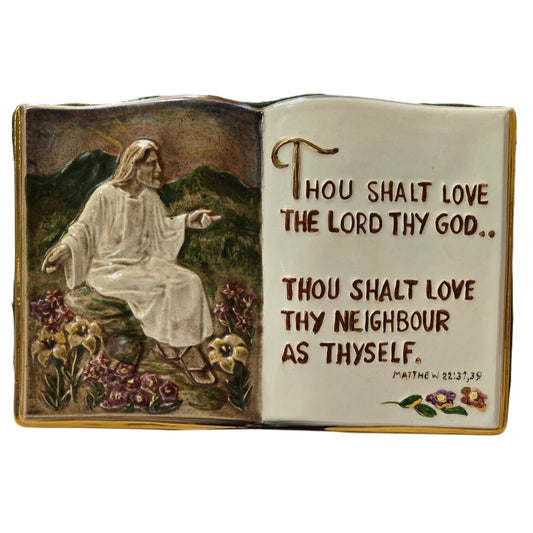 Vintage Ceramic Bible Jesus Plaque Mathew Gold Trim