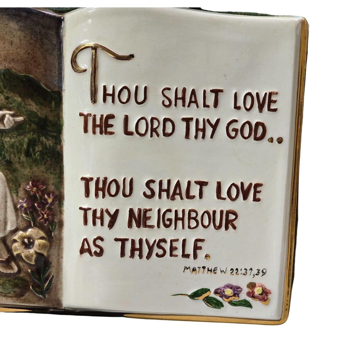 Vintage Ceramic Bible Jesus Plaque Mathew Gold Trim