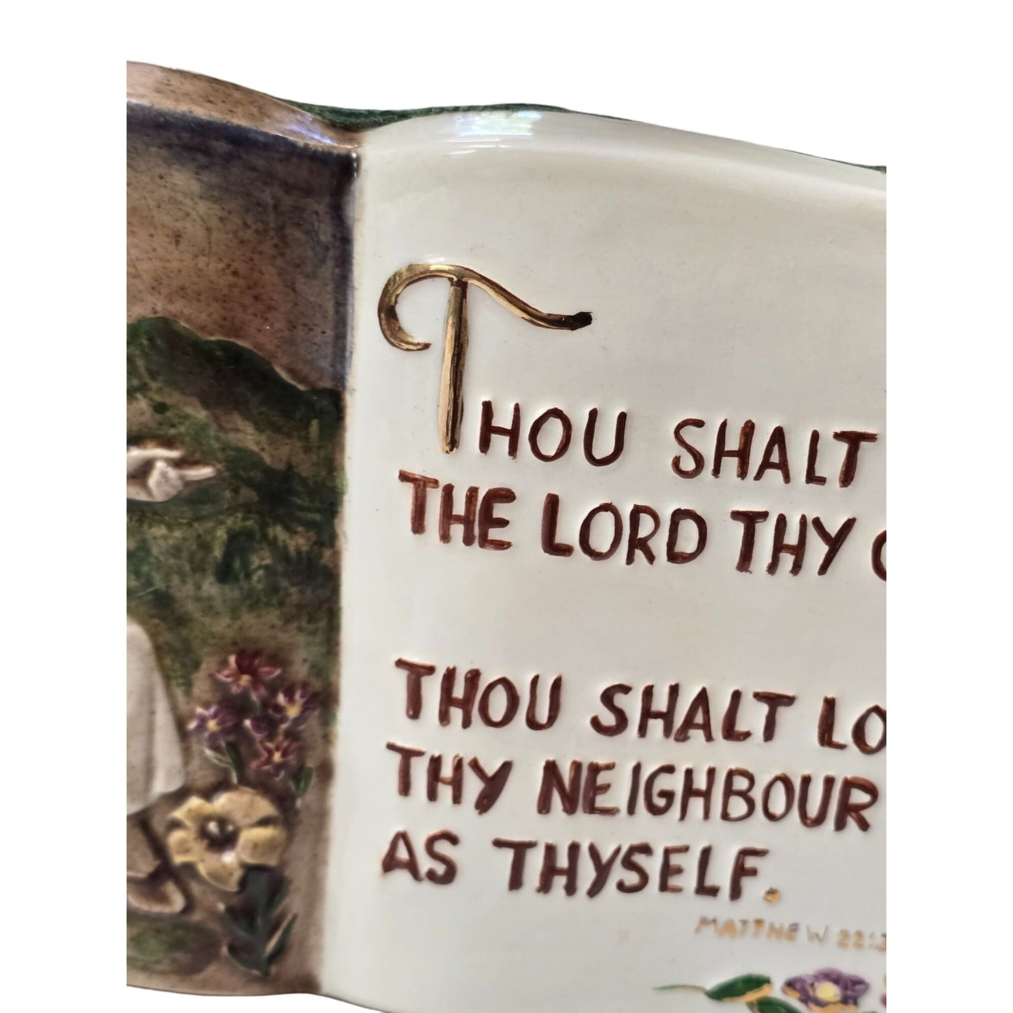 Vintage Ceramic Bible Jesus Plaque Mathew Gold Trim