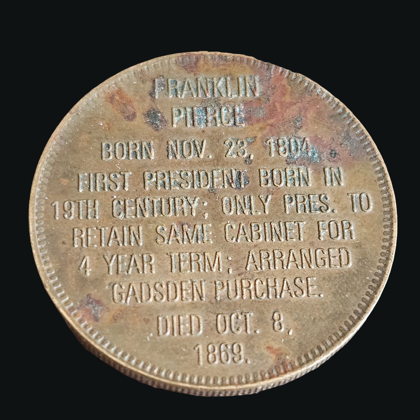 Franklin Pierce 14th President Commemorative Coin 1853-1857 Gold Tone Historical Collectible