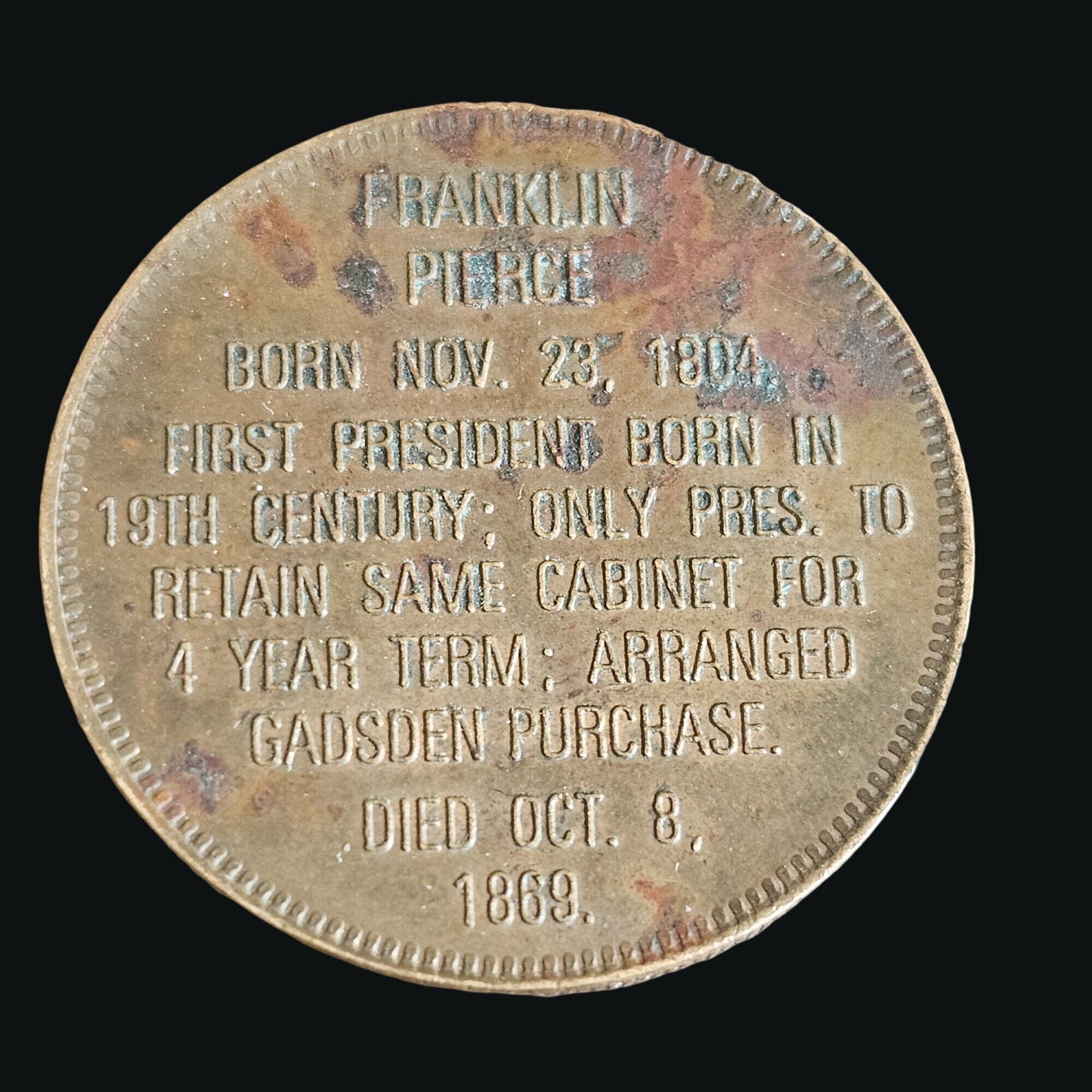 Franklin Pierce 14th President Commemorative Coin 1853-1857 Gold Tone Historical Collectible