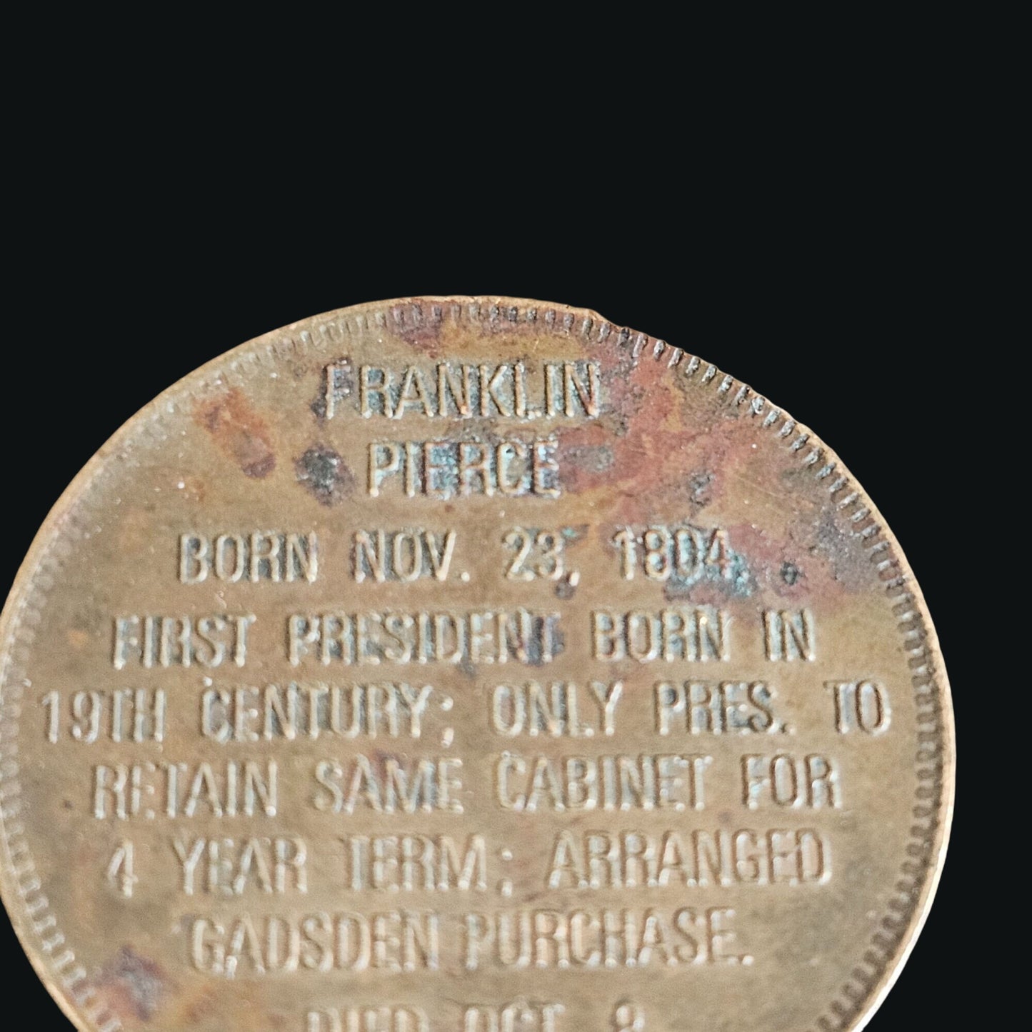 Franklin Pierce 14th President Commemorative Coin 1853-1857 Gold Tone Historical Collectible