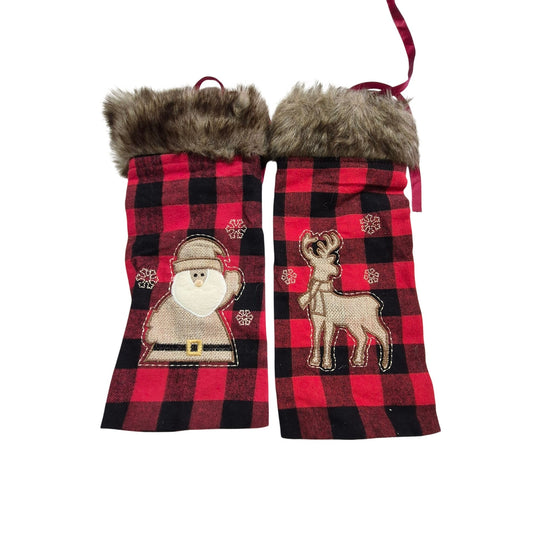 Buffalo Plaid Christmas Wine Bottle Gift Bag Pair Santa Reindeer Fur Trim