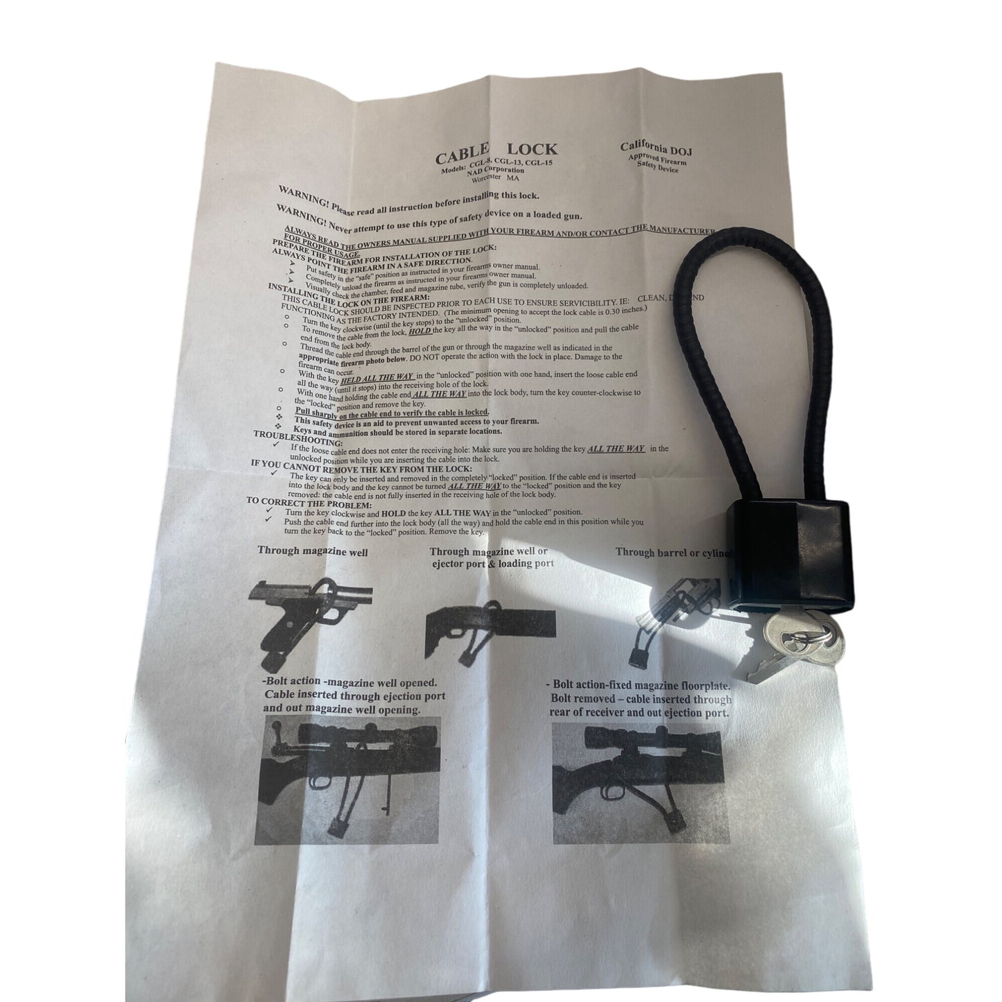 Gun Safety Cable Lock With Keys NAD Corp. Model CGL-15 Black