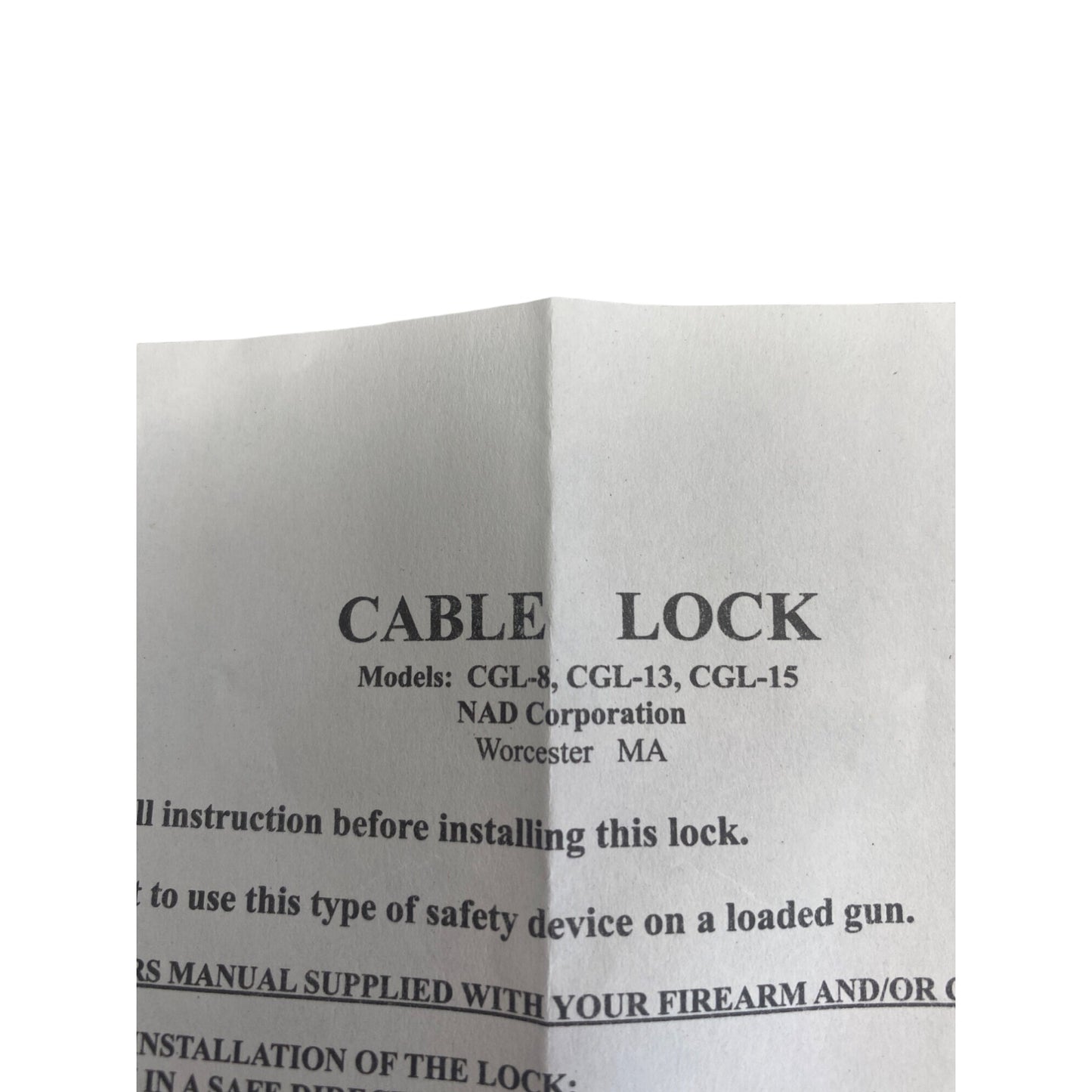 Gun Safety Cable Lock With Keys NAD Corp. Model CGL-15 Black