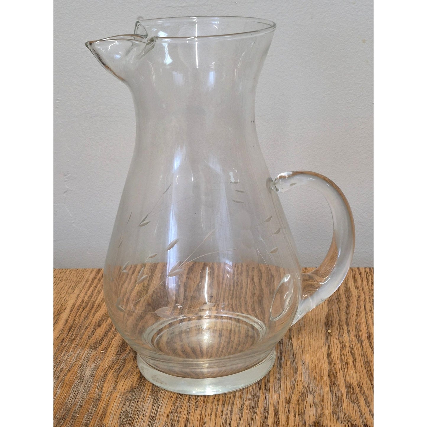 Vintage Clear Etched Glass Pitcher With Floral Design