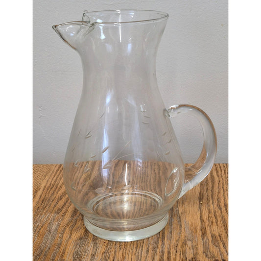 Vintage Clear Etched Glass Pitcher With Floral Design