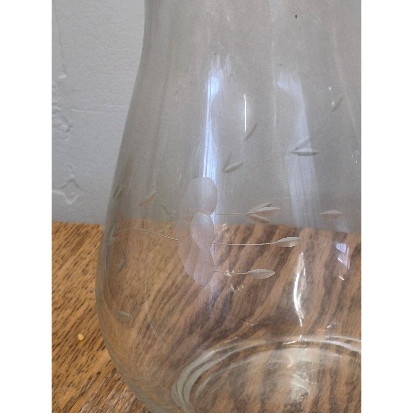 Vintage Clear Etched Glass Pitcher With Floral Design