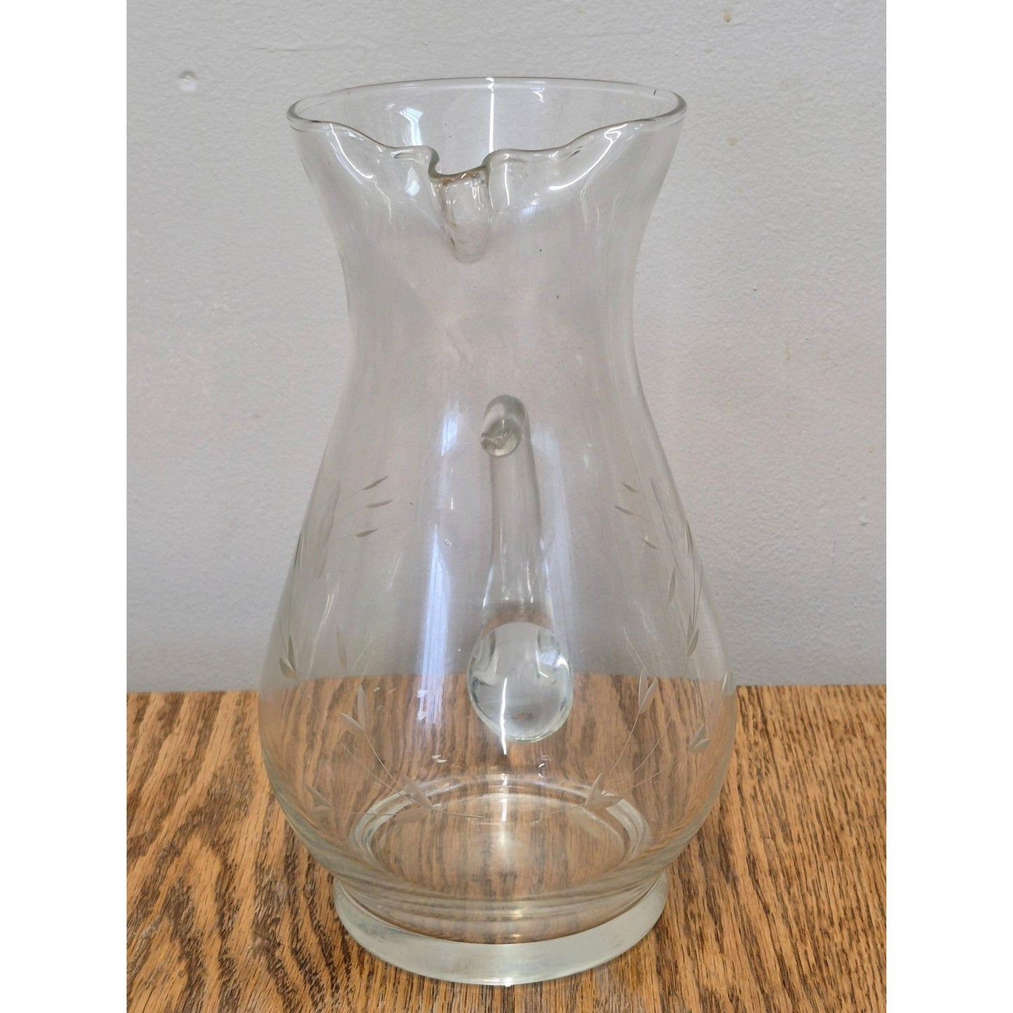 Vintage Clear Etched Glass Pitcher With Floral Design