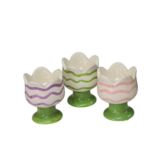 Set Of 3 Flower Tulip Striped Egg Cups Easter Brunch Hobby Lobby Ceramic