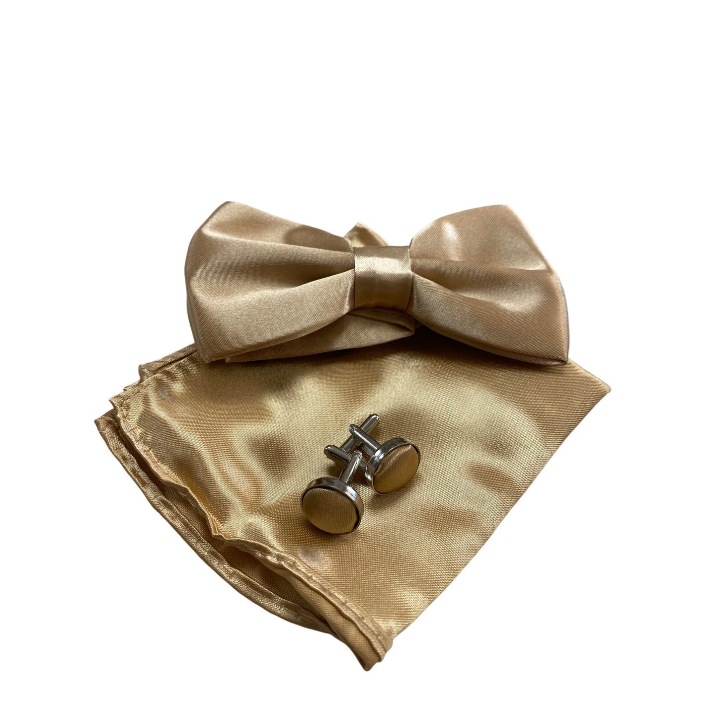 Mens Champagne Satin Bow Tie Pocket Square & Cufflinks Set