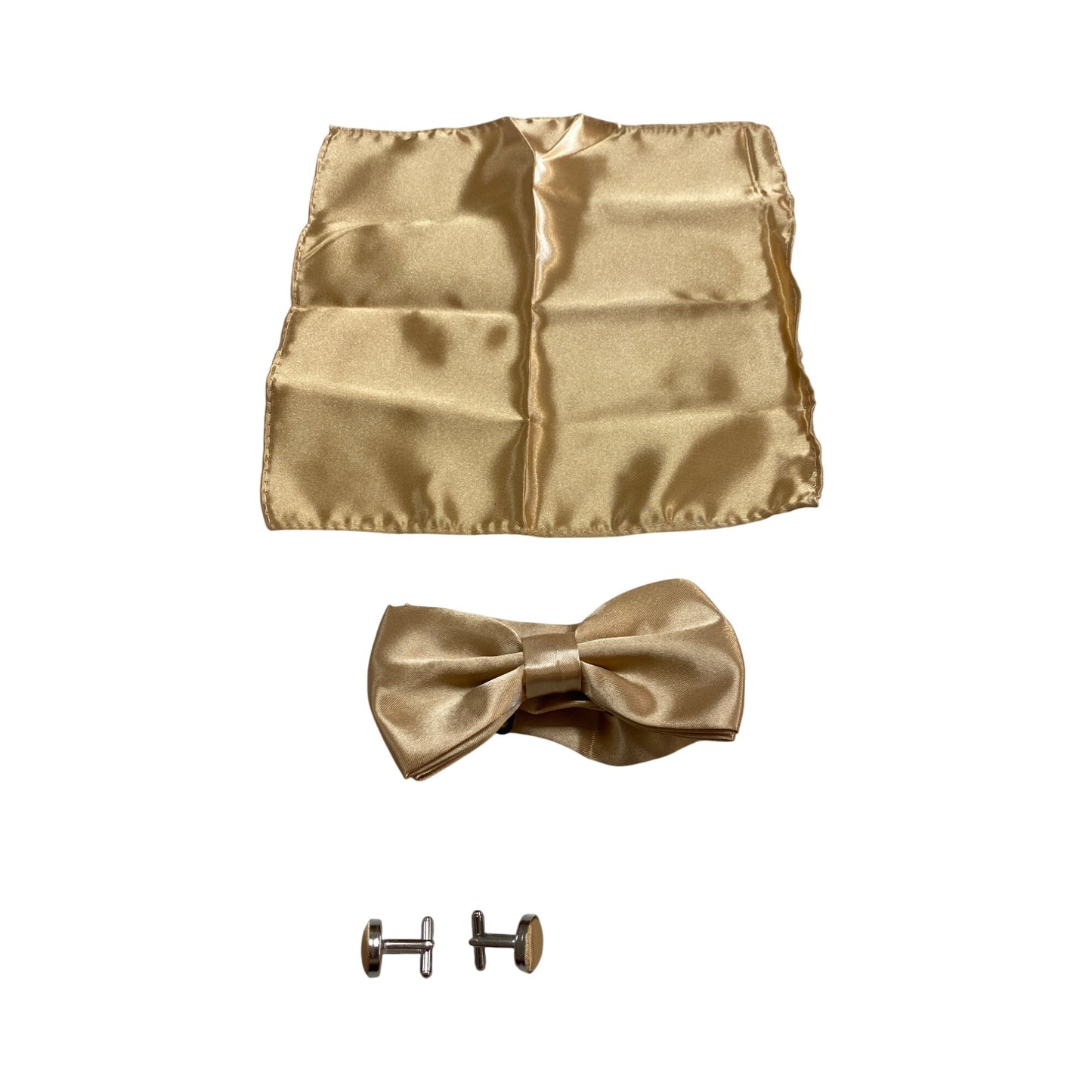 Mens Champagne Satin Bow Tie Pocket Square & Cufflinks Set