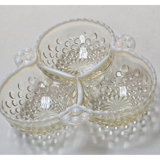 Vintage Anchor Hocking Moonstone Clear Opalescent 6" Clover Shape 3 Part Relish