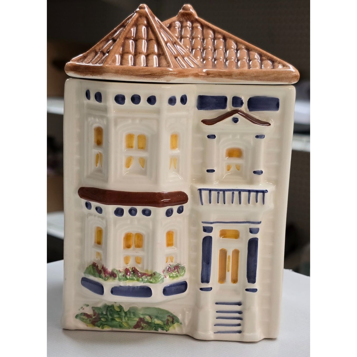 1980s Avon Hand Painted Pastel Townhouse Canister Jar Vintage 7"