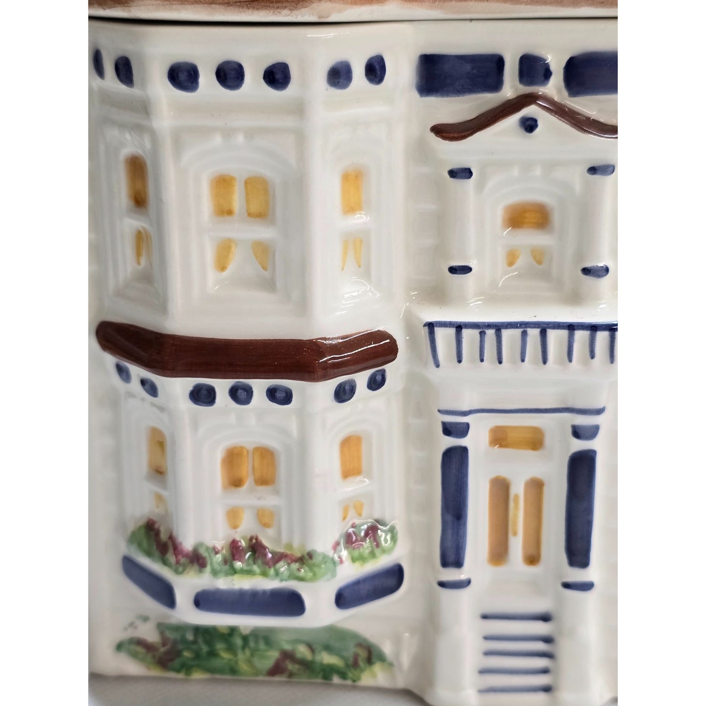1980s Avon Hand Painted Pastel Townhouse Canister Jar Vintage 7"