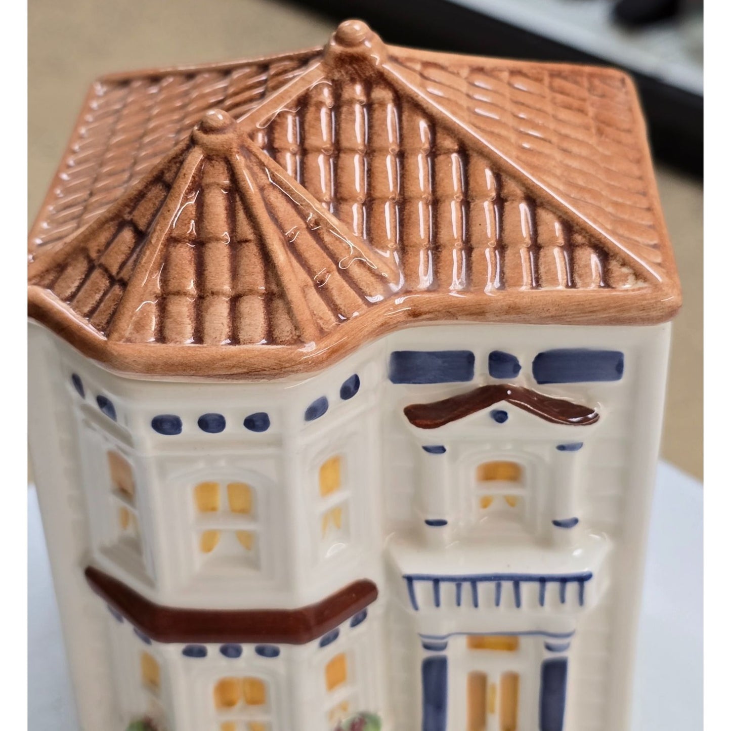 1980s Avon Hand Painted Pastel Townhouse Canister Jar Vintage 7"