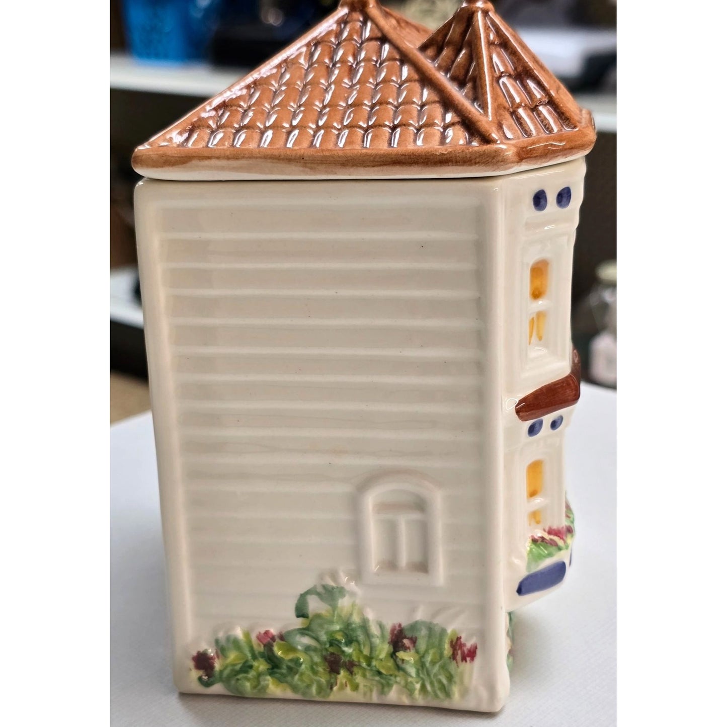 1980s Avon Hand Painted Pastel Townhouse Canister Jar Vintage 7"