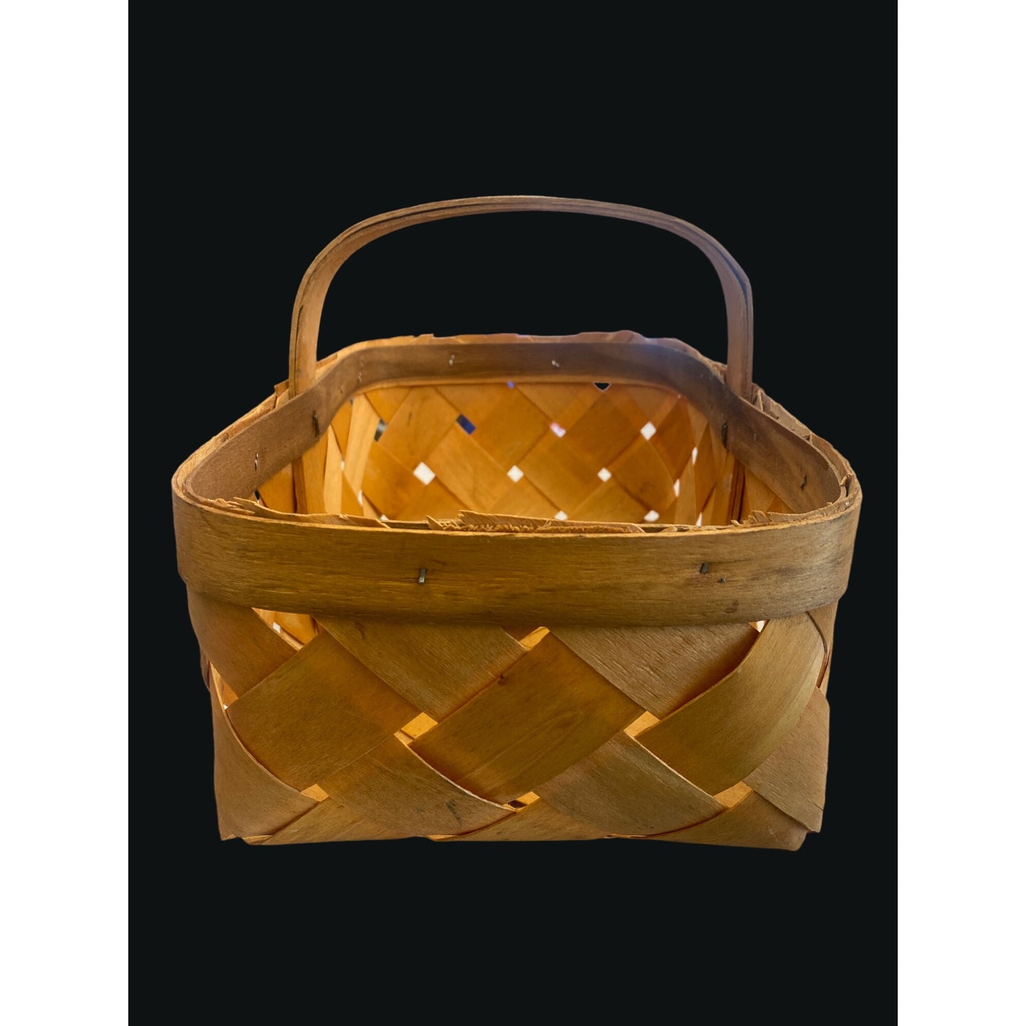 Vintage Handwoven Wooden Picnic Basket With Sturdy Handle