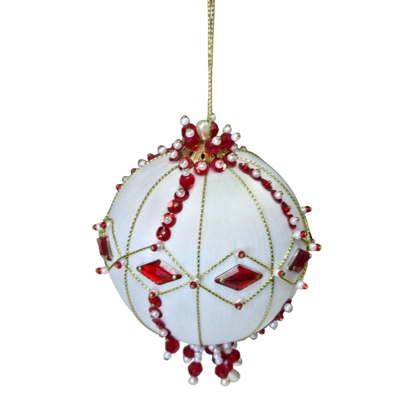 Vintage Push Pin Beaded Christmas Ornament Red Gold