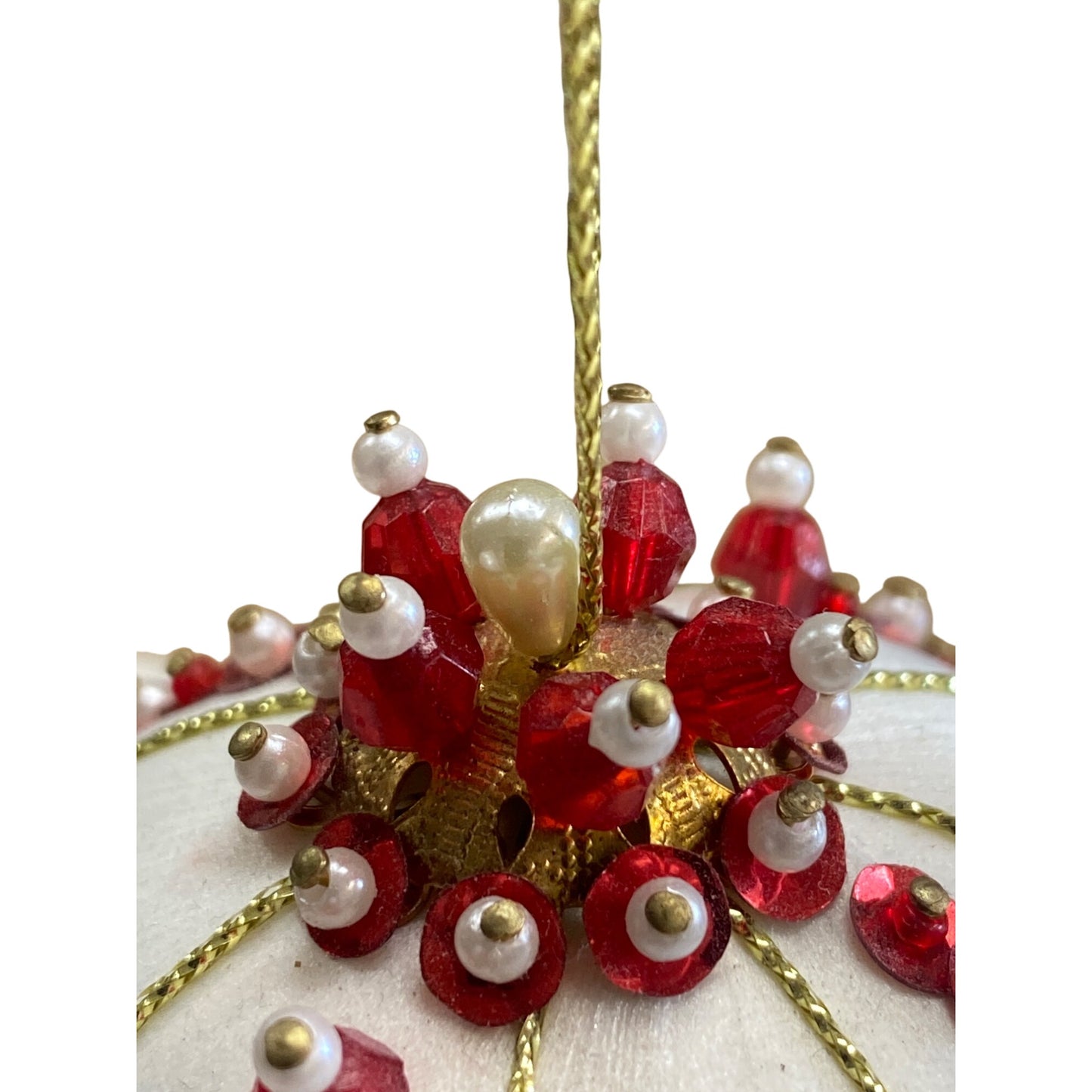 Vintage Push Pin Beaded Christmas Ornament Red Gold