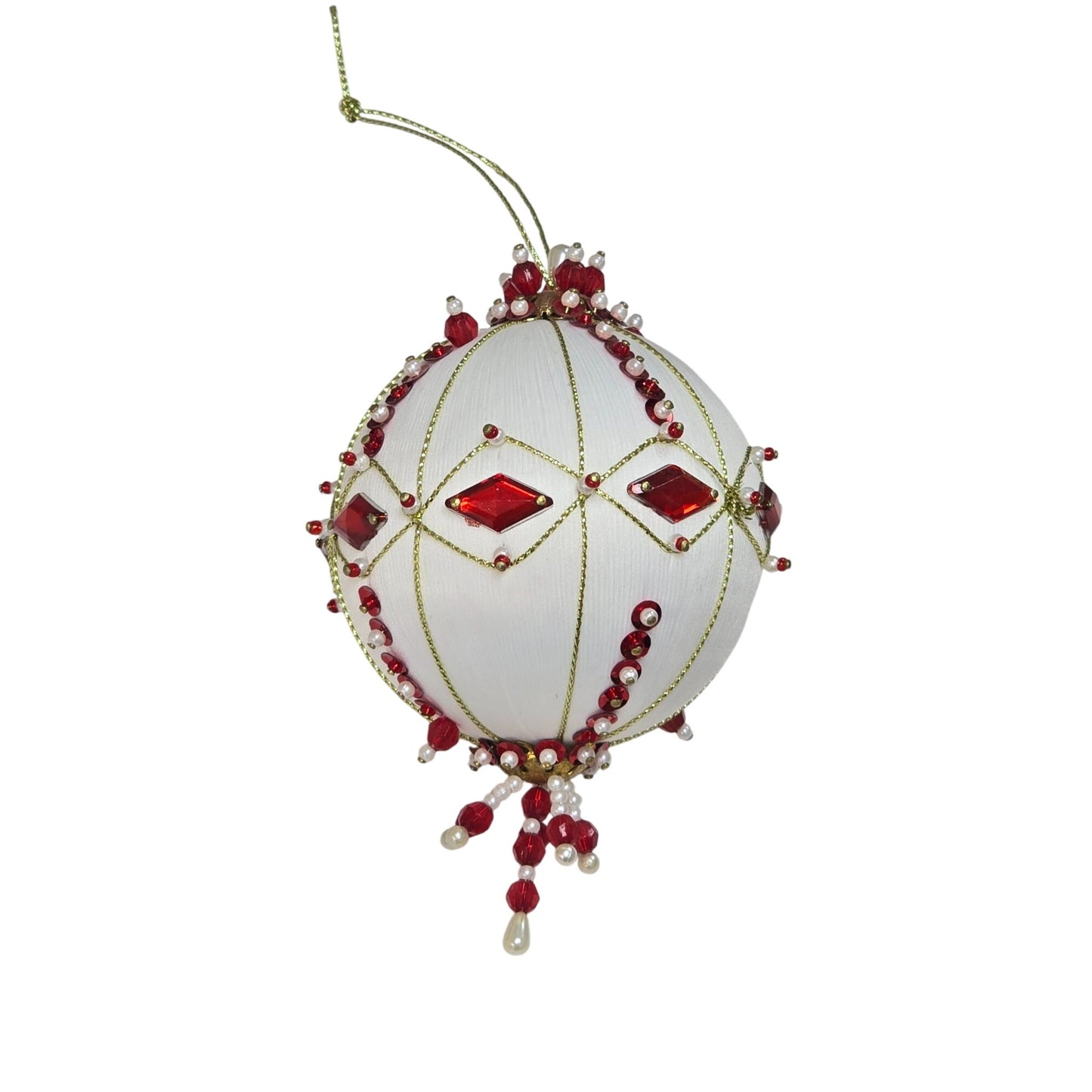 Vintage Push Pin Beaded Christmas Ornament Red Gold