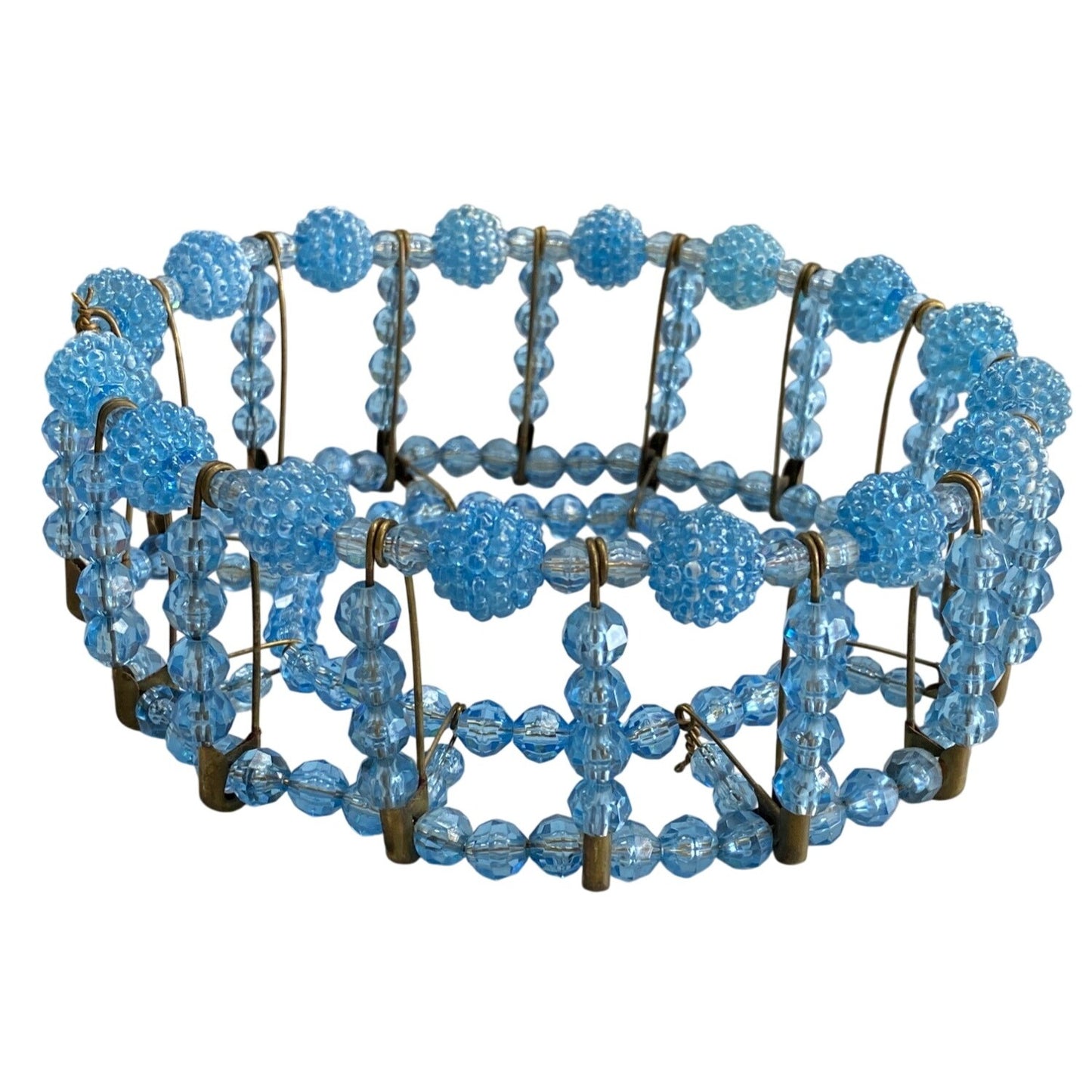 Vintage Retro Blue Plastic Beaded Safety Pin Basket Bowl Cover 1950s Art