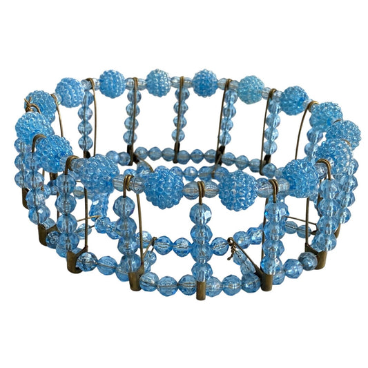Vintage Retro Blue Plastic Beaded Safety Pin Basket Bowl Cover 1950s Art