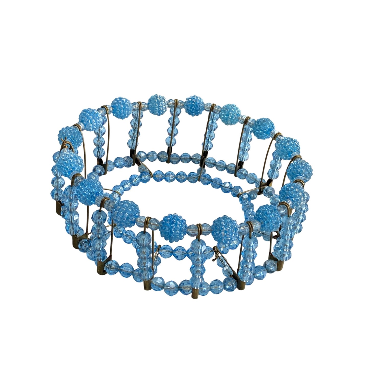 Vintage Retro Blue Plastic Beaded Safety Pin Basket Bowl Cover 1950s Art