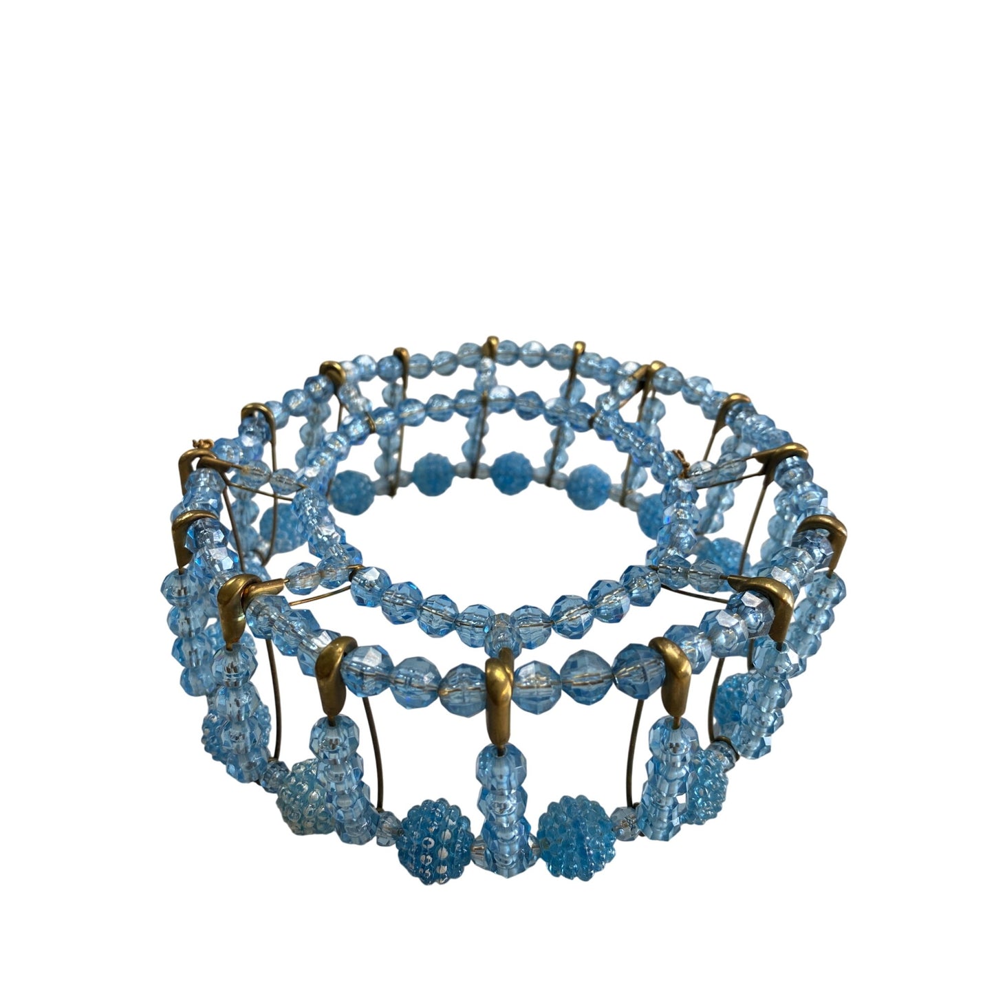 Vintage Retro Blue Plastic Beaded Safety Pin Basket Bowl Cover 1950s Art