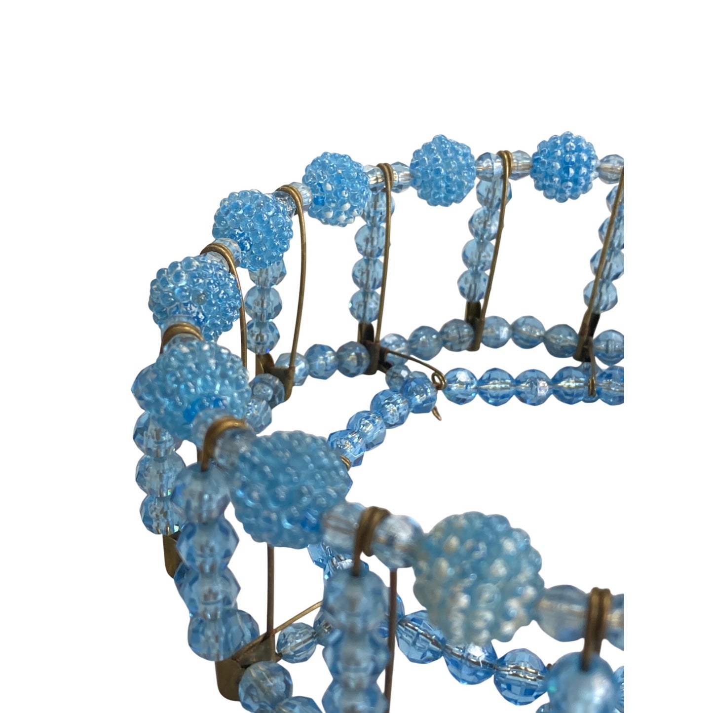 Vintage Retro Blue Plastic Beaded Safety Pin Basket Bowl Cover 1950s Art