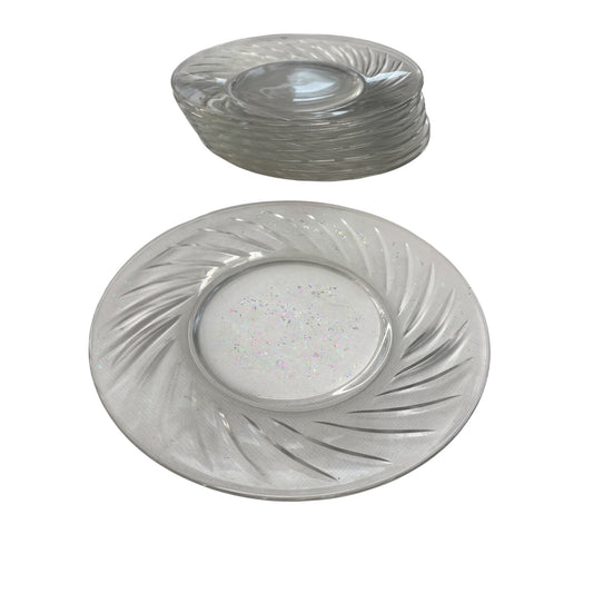 Set Of 8 Elegant Clear Glass Dinner Plates With Swirl Design