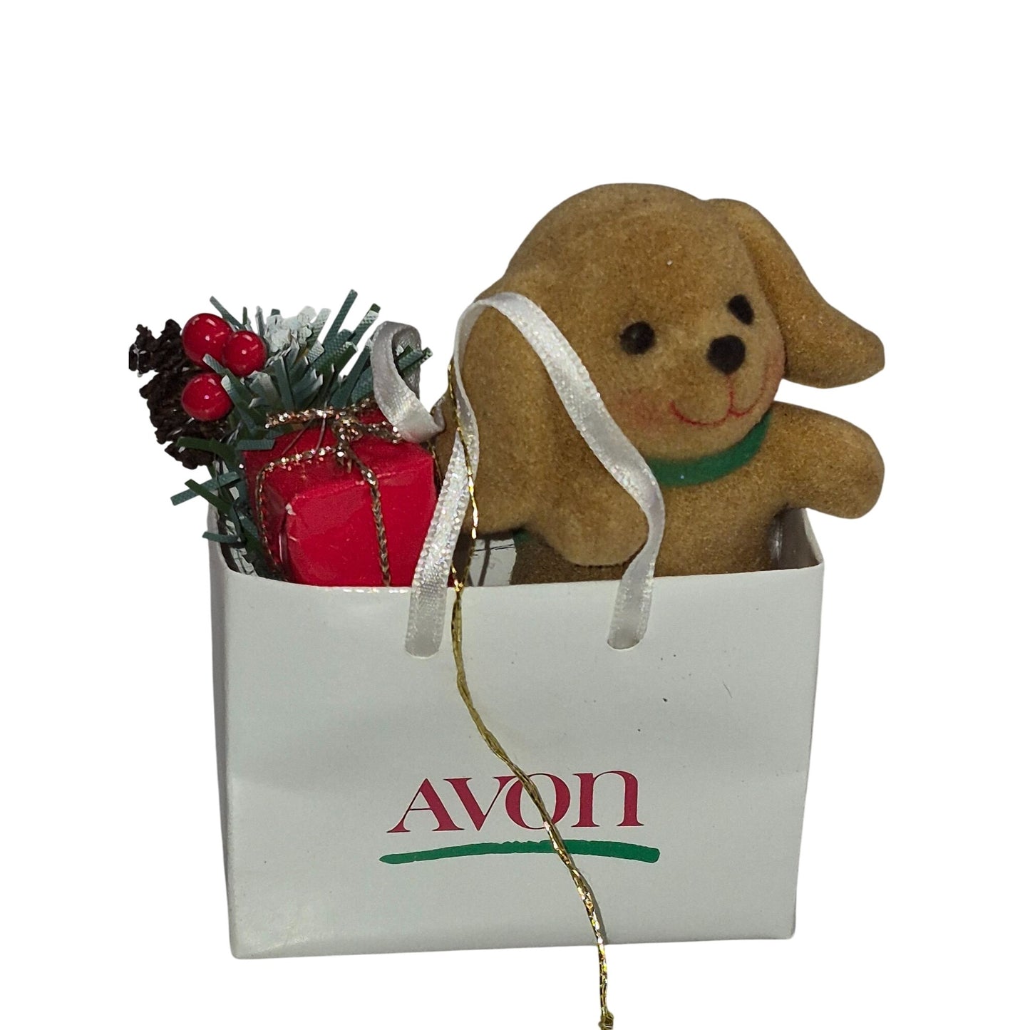 Avon Christmas Ornament With Cute Puppy & Gift In Holiday Bag
