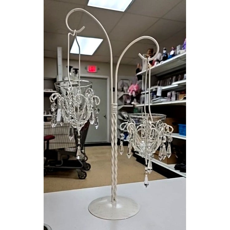White Metal Candle Holder Votive Cups & Hanging Crystals Wedding Decor Centerpiece