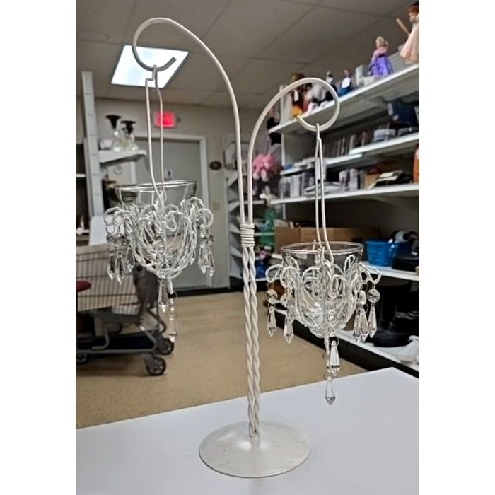 White Metal Candle Holder Votive Cups & Hanging Crystals Wedding Decor Centerpiece