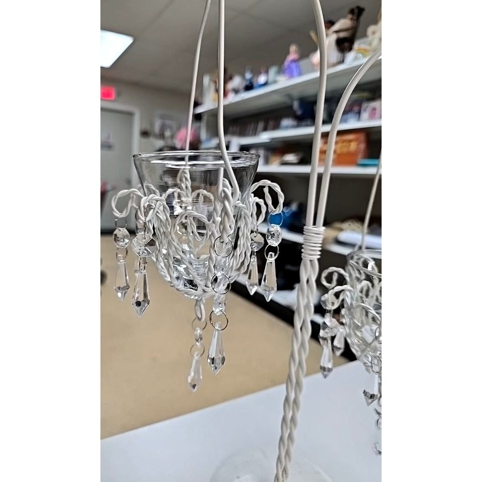 White Metal Candle Holder Votive Cups & Hanging Crystals Wedding Decor Centerpiece