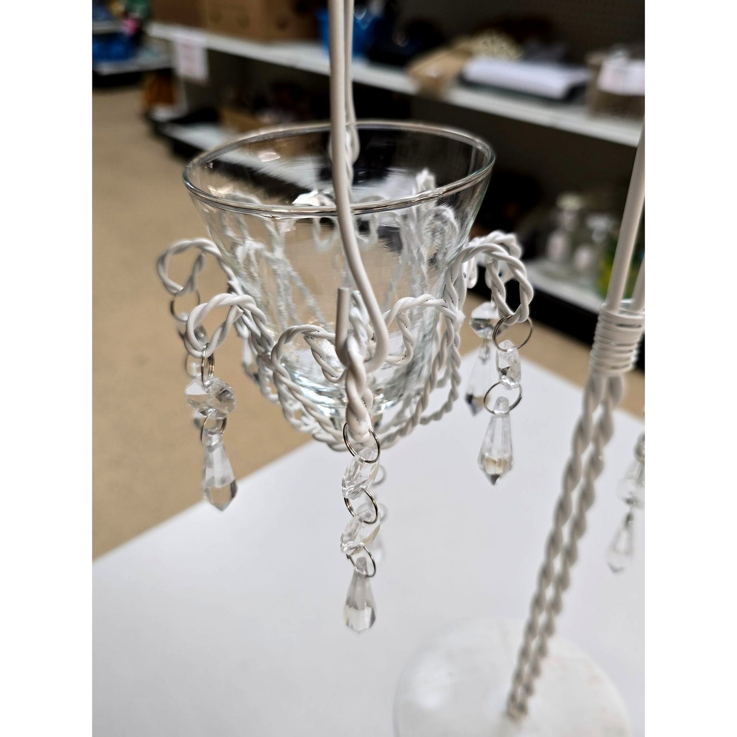 White Metal Candle Holder Votive Cups & Hanging Crystals Wedding Decor Centerpiece