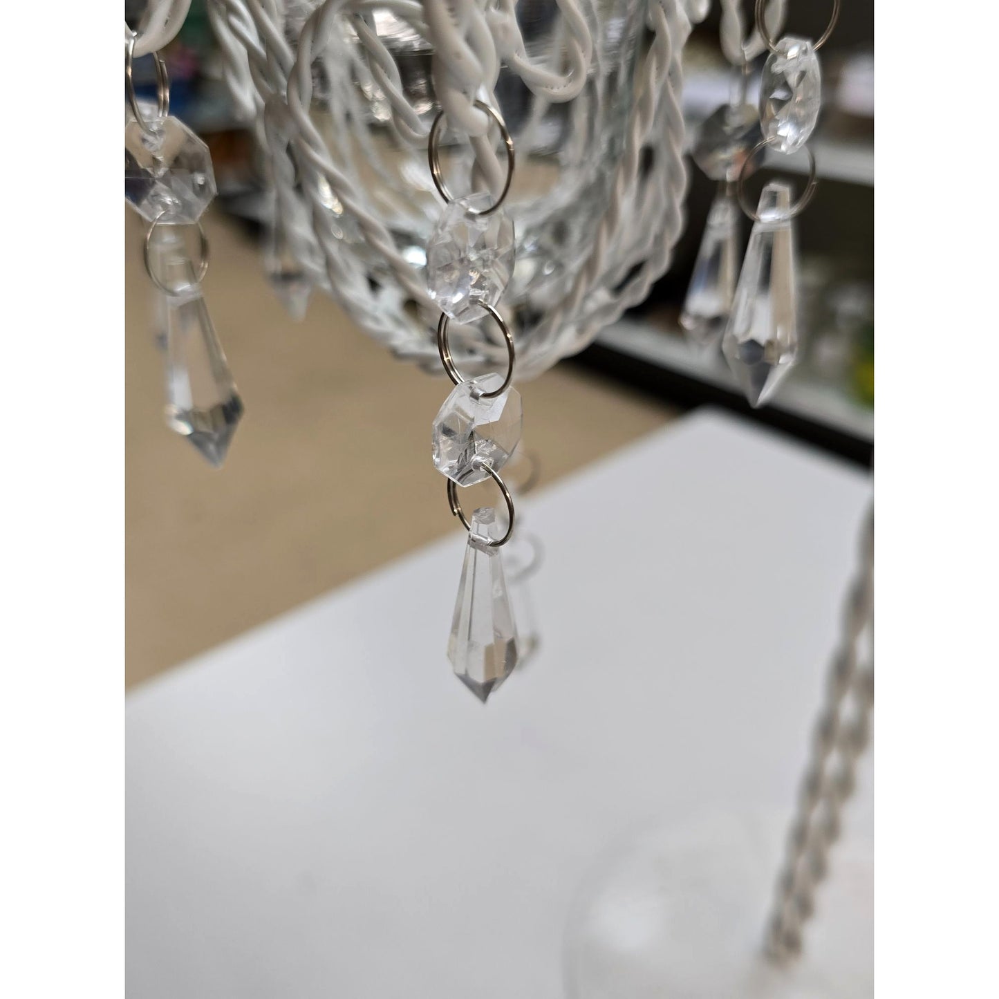 White Metal Candle Holder Votive Cups & Hanging Crystals Wedding Decor Centerpiece