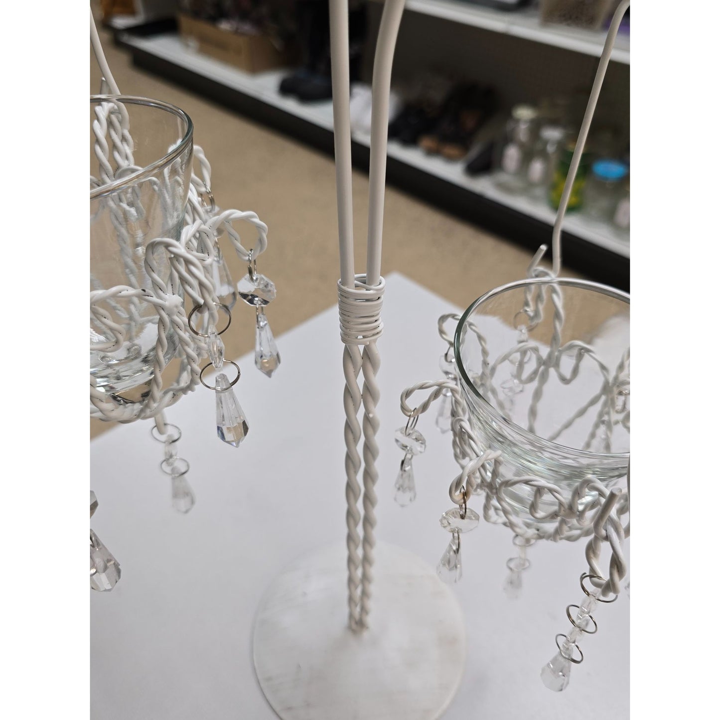 White Metal Candle Holder Votive Cups & Hanging Crystals Wedding Decor Centerpiece