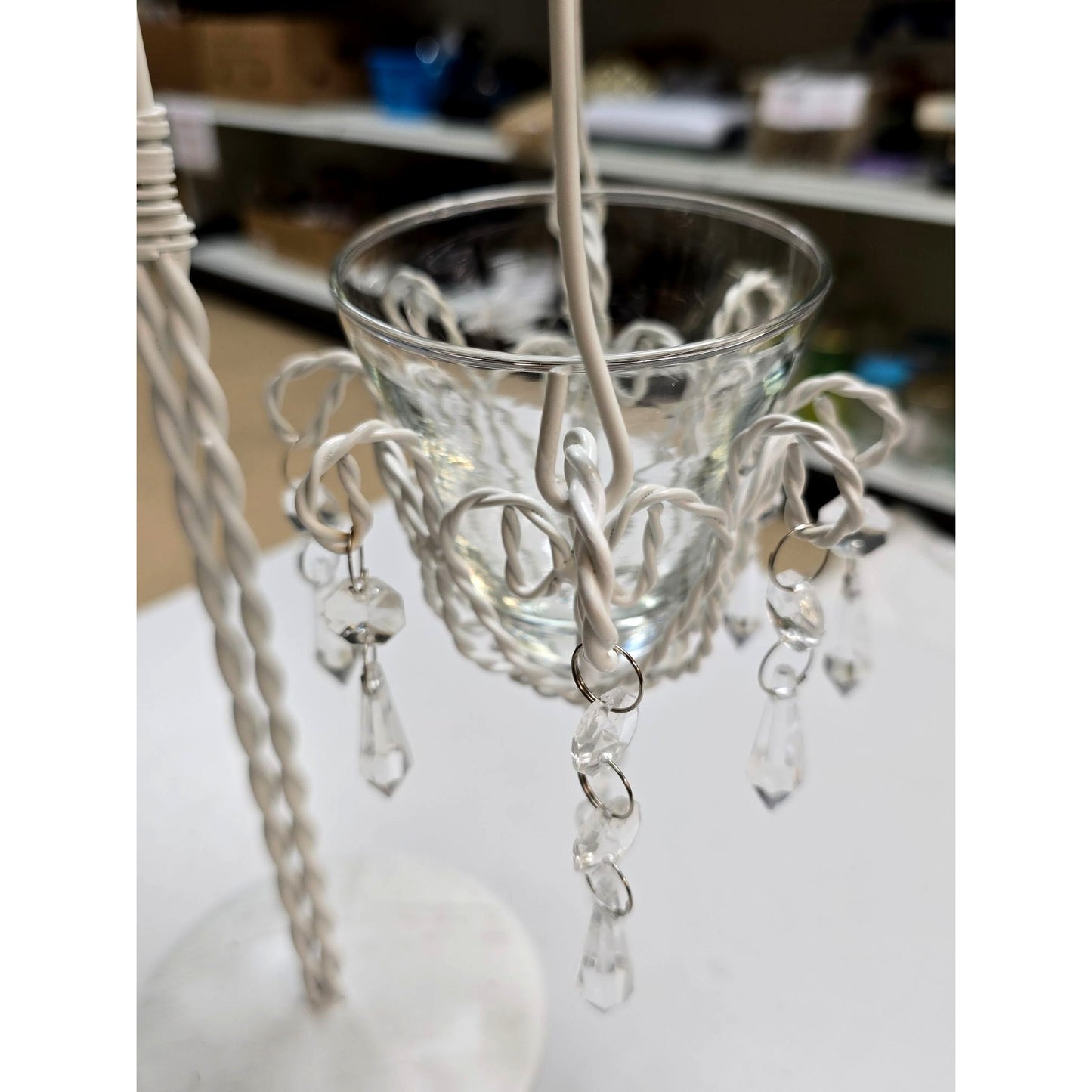 White Metal Candle Holder Votive Cups & Hanging Crystals Wedding Decor Centerpiece