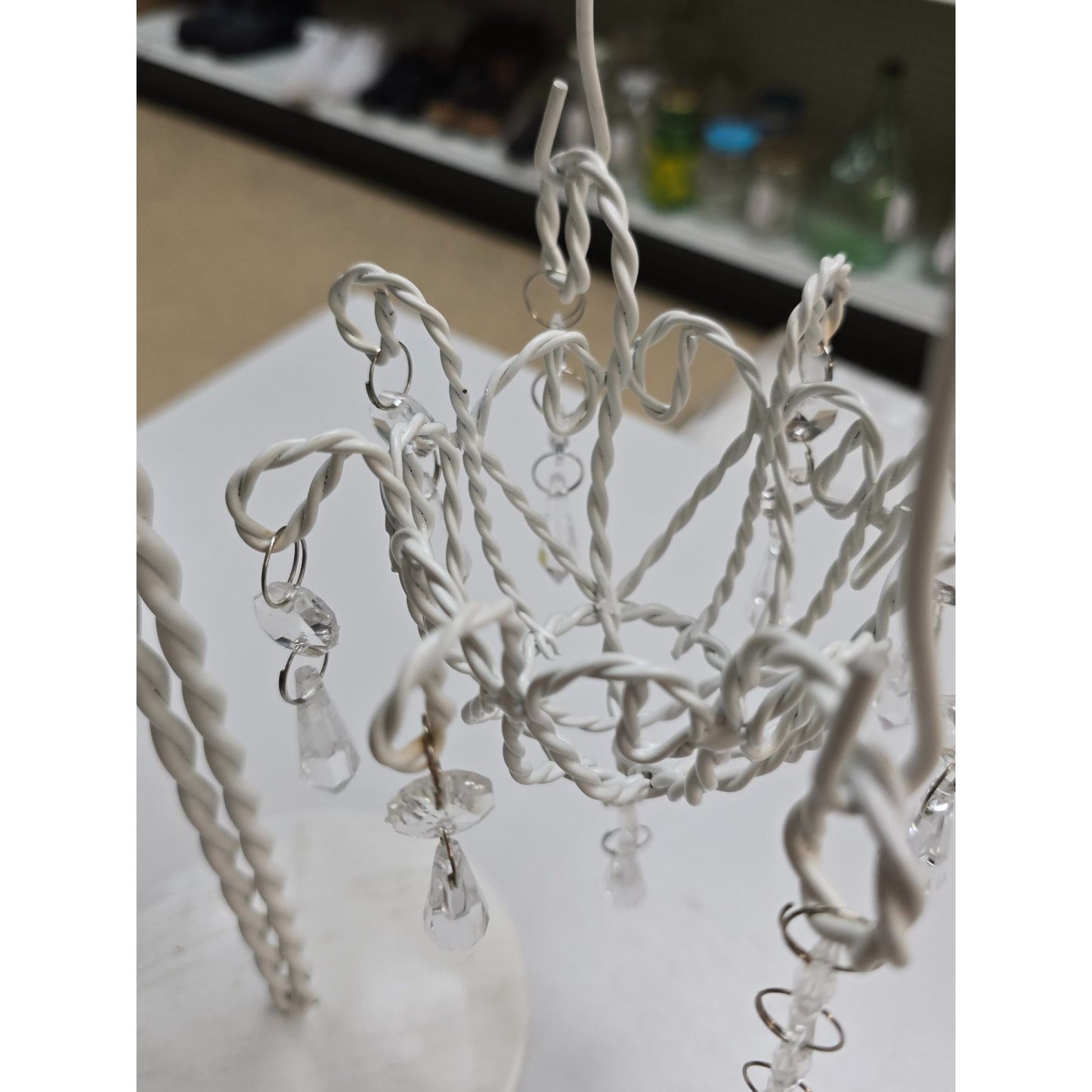 White Metal Candle Holder Votive Cups & Hanging Crystals Wedding Decor Centerpiece