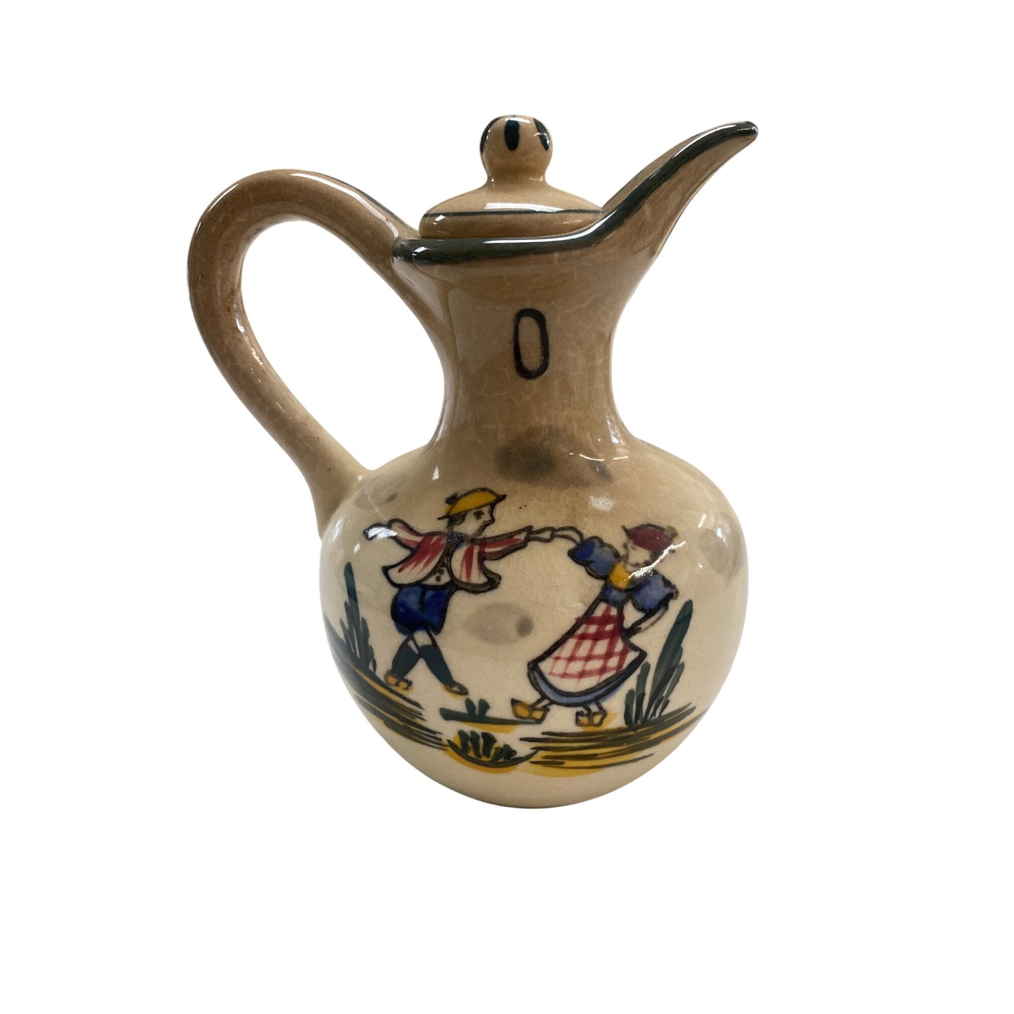 Vintage Oil Ceramic Pitcher With Lid & Hand-Painted Dancing Dutch Figures