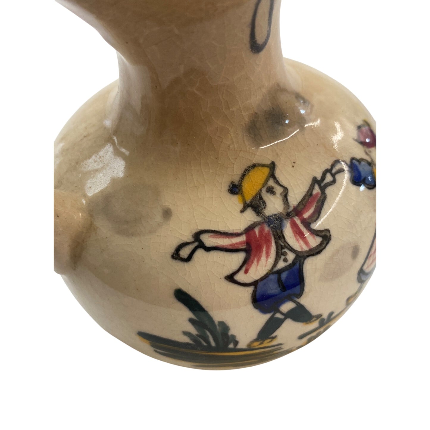 Vintage Oil Ceramic Pitcher With Lid & Hand-Painted Dancing Dutch Figures