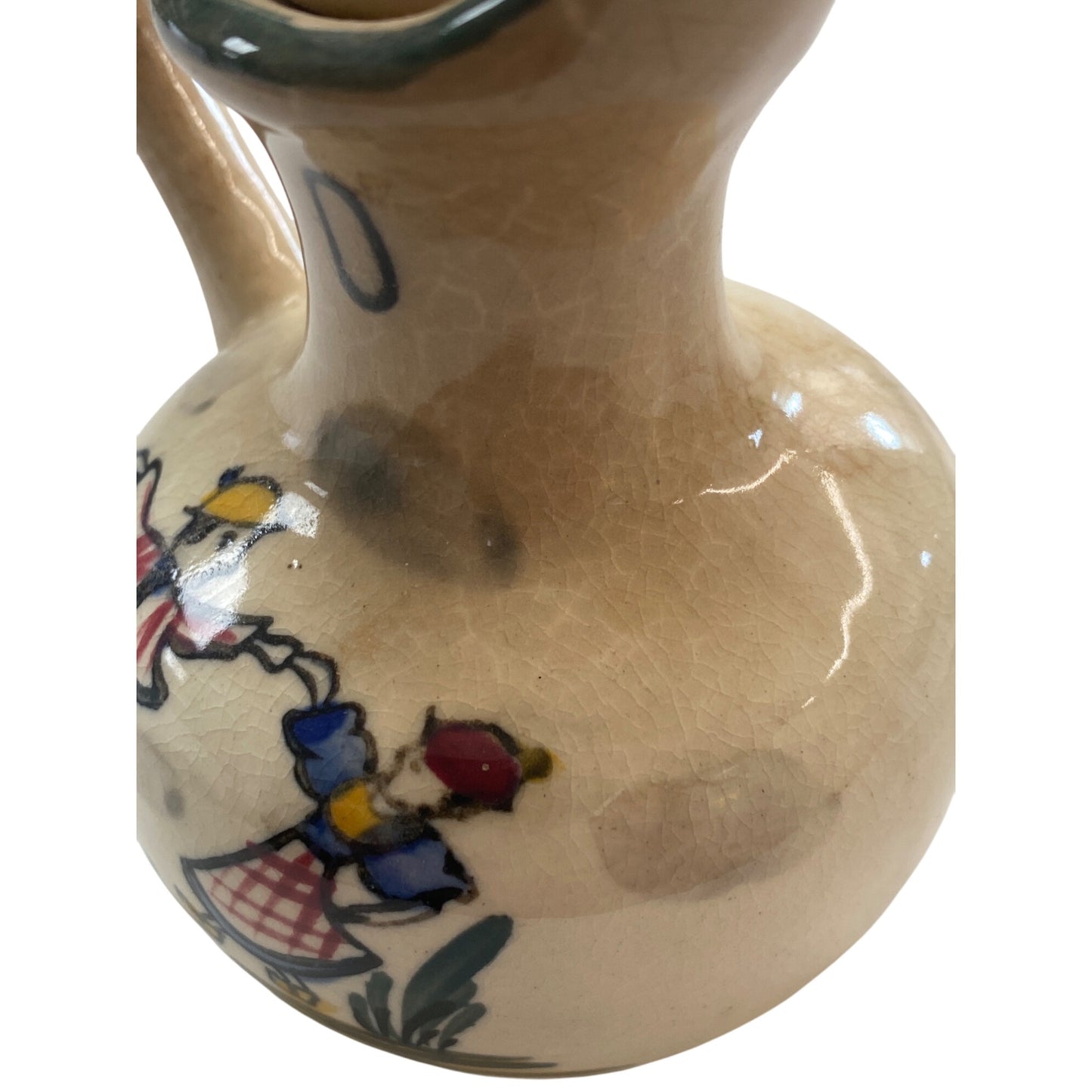 Vintage Oil Ceramic Pitcher With Lid & Hand-Painted Dancing Dutch Figures