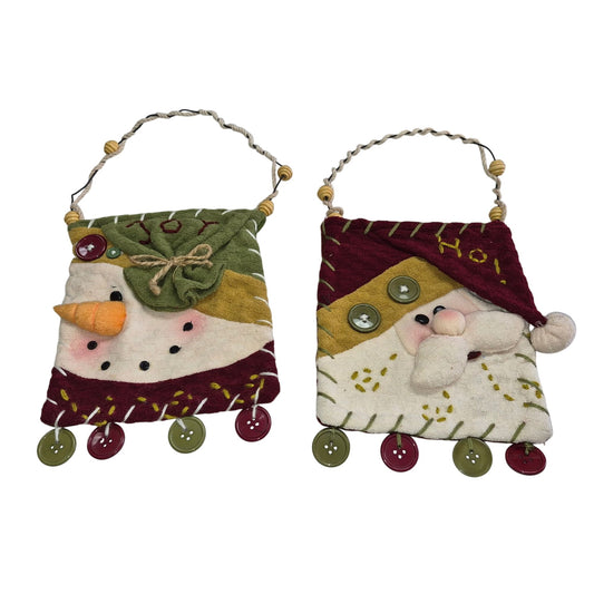 Snowman & Santa Hanging Felt Decor Button Accents Twine Hangers Set Of 2 Christmas Theme