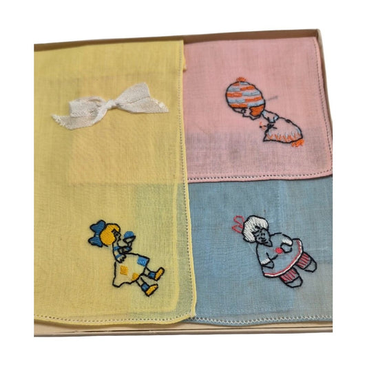 Vintage Children’s Embroidered Children’s Hankies Boxed Set 1950s–60s Pastel