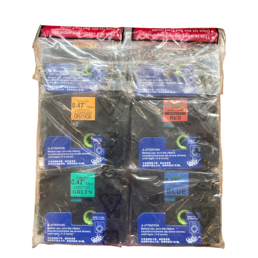 Labellife 6-Pack Label Tape 0.47" x 12mm Laminated Yellow/Green/White/Orange/Red/Blue Compatible With Brother P-Touch