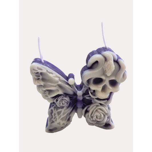 Handmade Purple & White Butterfly Skull Snake Candle Rose Details Gothic Decor