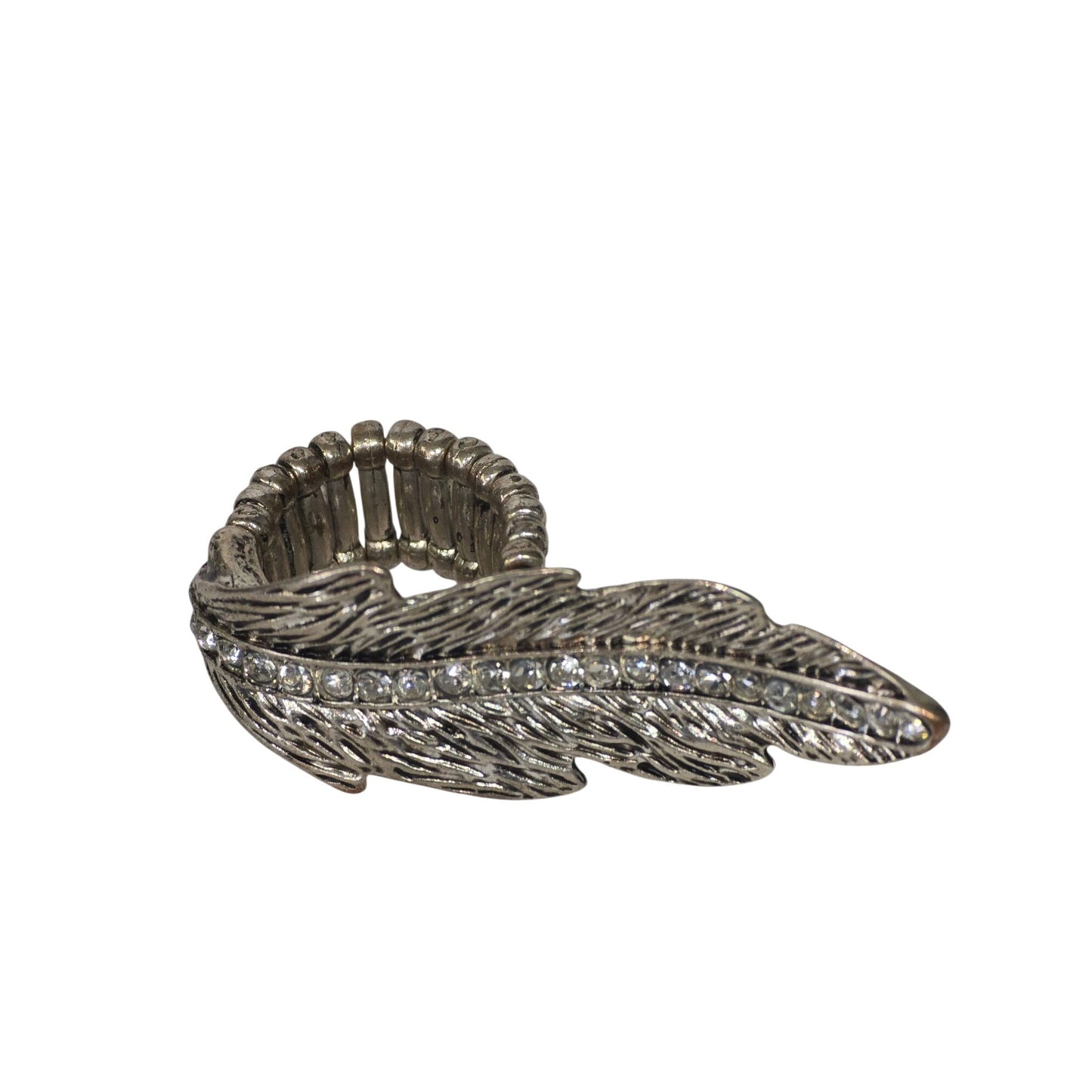 Silver Tone Adjustable Feather Ring Rhinestone Accents Statement Jewelry