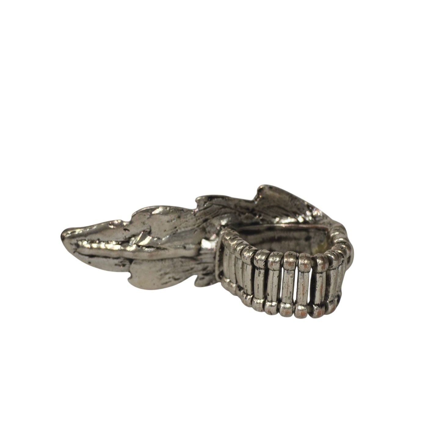 Silver Tone Adjustable Feather Ring Rhinestone Accents Statement Jewelry